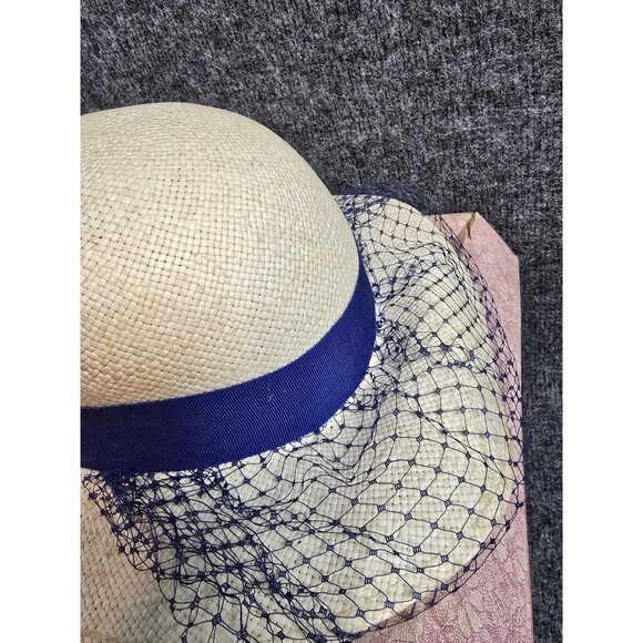 Career Collection Womens Vintage Hat Brimmed Beige Blue Ribbon w Original Box - Picture 2 of 11